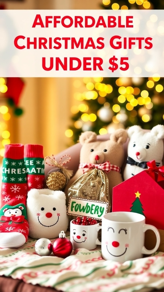 A collection of budget-friendly Christmas gifts under $5, featuring socks, ornaments, and mugs on a festive table.